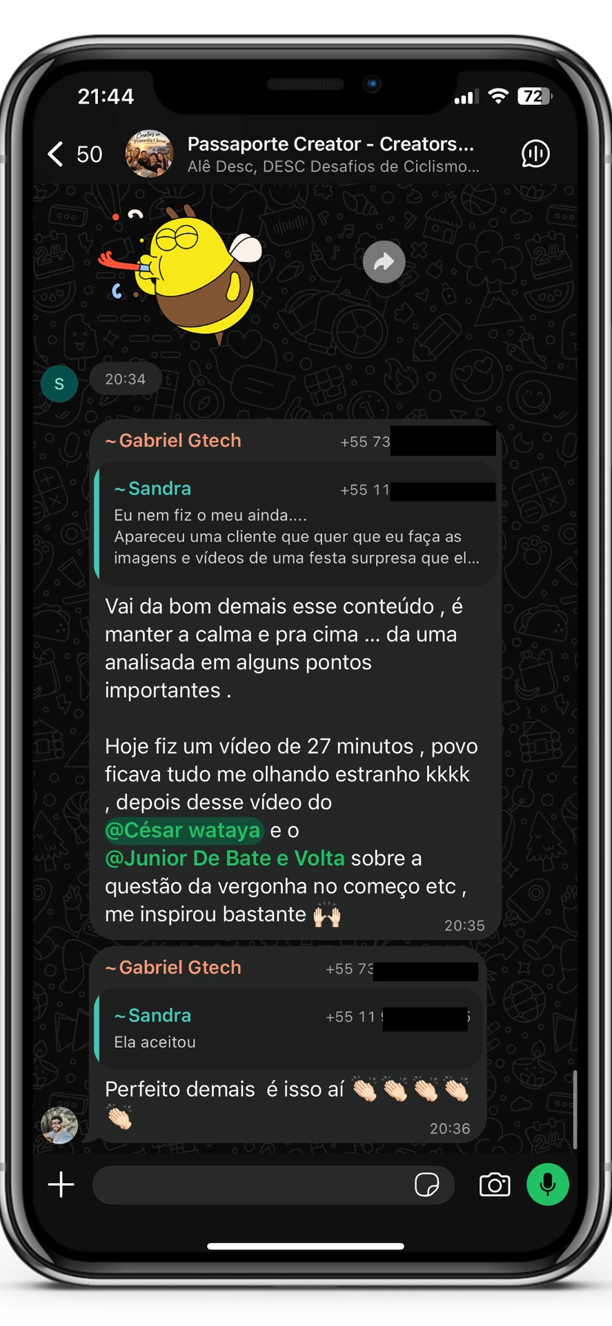 Aluno contando que gravou um vídeo de 27 minutos inspirado pelos mentores